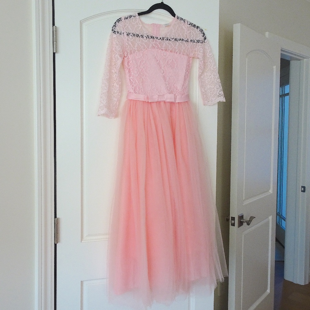 Kid's '50s Vintage Inspired Pink Tulle Long Lined Feminine Maxi Dress Halloween